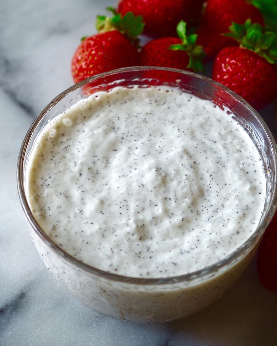 A clear glass bowl filled with a thick, white creamy mixture speckled with tiny black dots, sitting on a white marbled surface. Around the bowl, there are several fresh red strawberries with green leaves, adding a bright contrast to the scene. The texture of the creamy mixture looks smooth with small bubbles on the surface, visible through the glass sides of the bowl. photo taken with an iphone --ar 4:5 --v 7