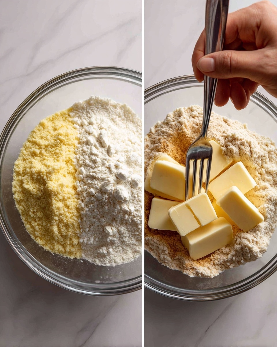 The image shows two side-by-side photos of the baking process in a clear bowl on a white marbled surface. In the left photo, there are four different dry ingredients layered in the bowl: a yellowish powder on the left, white flour in the middle, a smaller pile of fine white powder to the right, and light brown powder at the bottom. In the right photo, the dry ingredients from the first image are mixed, and there are four pieces of pale yellow butter placed on top. A metal fork with tines pressed into the mixture is held by a woman's hand, starting to blend the butter into the dry ingredients. Photo taken with an iphone --ar 4:5 --v 7