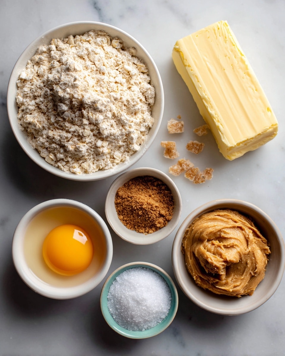 The image shows seven ingredients placed separately on a white marbled surface. At the top right, there is a rectangular stick of pale yellow unsalted butter. Below it, slightly to the left, is a white bowl with light beige oat flour mixed with small chunks. To the left of oat flour, a small white bowl holds light to dark brown sugar. On the bottom left side, a small white bowl contains a whole raw egg with a bright yellow yolk and clear white around it. Next to the egg, on the right, there is a white bowl filled with smooth, light brown peanut butter. Above the peanut butter bowl, there is a small pile of white kosher salt, and next to it on the right, a small pinch of baking soda on the marbled surface. All the items are spaced evenly and shown from above in soft, natural light. Photo taken with an iphone --ar 4:5 --v 7