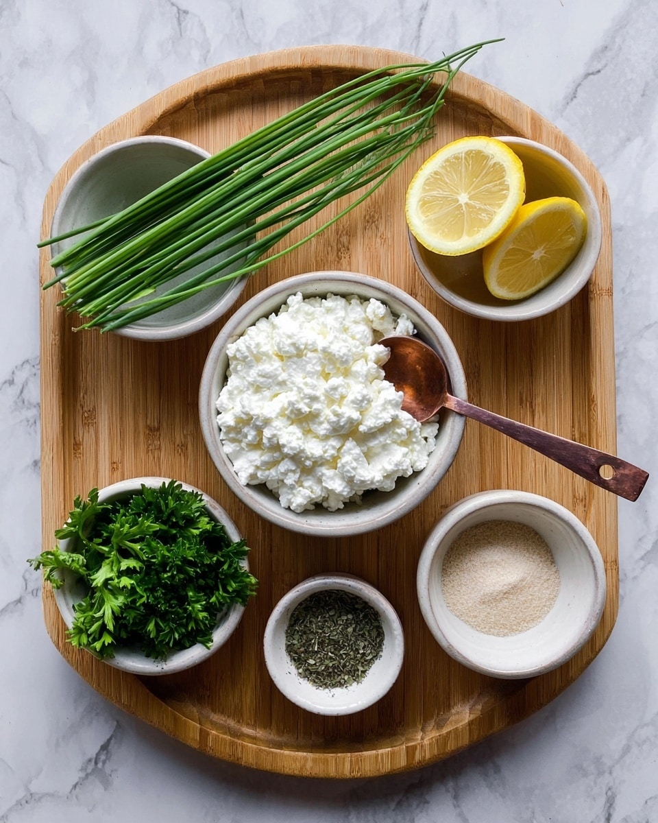 A wooden tray holds six small white bowls arranged neatly on a white marbled surface. In the center is a scoop filled with white cottage cheese with a slightly lumpy texture, held by a copper spoon. At the top left, a white bowl contains long, bright green chive stalks. At the top right, a white bowl has half a lemon with a bright yellow interior. Below the lemon, a small white bowl contains a dark green dried herb, possibly pepper. At the bottom left, a white bowl is filled with fresh, leafy green parsley. To the left of the parsley, a small bowl holds a light beige powder, and to the right, another small bowl contains a pale yellowish-white granulated spice. All items rest on a light wooden tray against a white marbled background. Photo taken with an iphone --ar 4:5 --v 7