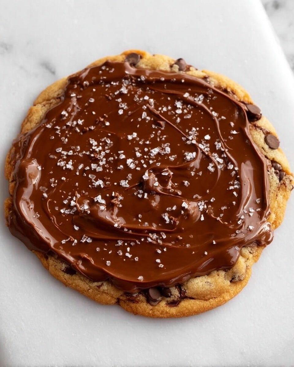 A large, round cookie with visible small dark chocolate chips spread throughout the light golden dough forms the base layer. On top, a thick, even layer of smooth, shiny milk chocolate covers almost the entire cookie, with some swirled texture visible on the glossy surface. Light sprinkles of coarse salt are scattered across the chocolate layer, adding a little texture contrast. The cookie is placed on a white marbled surface. photo taken with an iphone --ar 4:5 --v 7