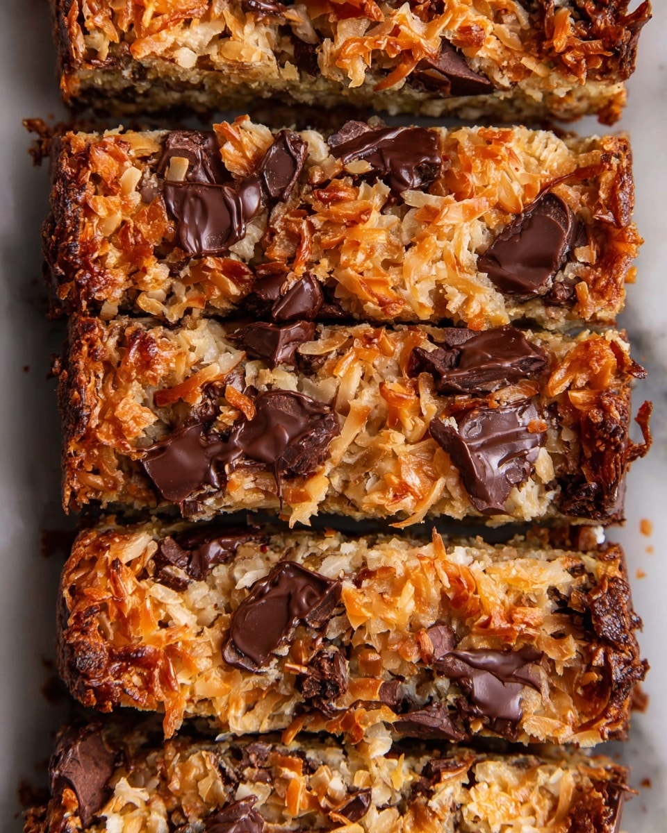 The image shows a close-up of four rectangular baked bars arranged vertically in a pan. Each bar has a golden-brown base layer topped with a generous amount of toasted shredded coconut, giving it a textured and slightly crispy look. Scattered throughout the coconut topping are melted dark chocolate chunks and chips, some more melted than others, adding a rich, glossy dark brown color contrast. The bars have a moist and dense texture visible along the edges, with some chocolate melted into the base. The pan edges frame the bars, and the background surface is a white marbled texture. photo taken with an iphone --ar 4:5 --v 7