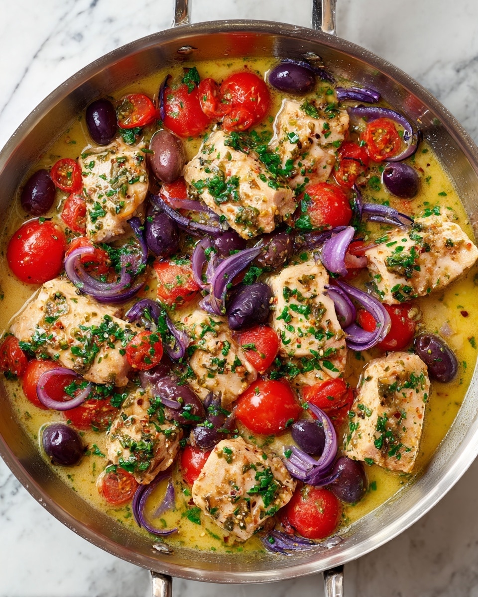 The image shows a silver pan filled with cooked small fish pieces surrounded by bright red halved cherry tomatoes, black olives, and thin slices of purple onion, all swimming in a light yellow sauce with herbs and spices sprinkled on top. The texture of the fish looks soft and flaky, and the sauce glistens under the light, giving a fresh and tasty feel. The silver pan sits on a white marbled surface. photo taken with an iphone --ar 4:5 --v 7