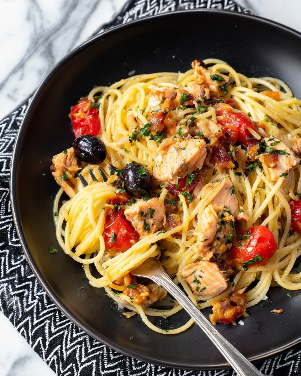 A black round plate filled with a serving of spaghetti pasta layered with slices of brownish grilled fish pieces, halved red cherry tomatoes, black olives, and small bits of green herbs scattered all over. The pasta strands are light yellow, mixed and intertwined with the fish and vegetables. A silver fork is placed on the right side of the plate, slightly inserted into the pasta. The plate rests on a black and white zigzag-patterned cloth, all set on a white marbled surface. Photo taken with an iphone --ar 4:5 --v 7