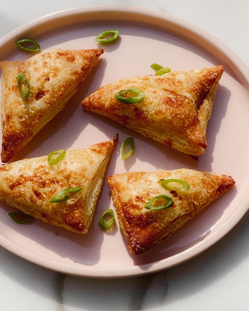 The image shows five triangular pastries arranged neatly on a white plate with a soft pink tone. Each pastry has a golden-brown, flaky crust with a slightly shiny surface, indicating it is crisp and cooked well. On top of the pastries, there are small green slices scattered, adding a pop of color and freshness to the warm tones. The plate is placed on a white marbled surface that softly reflects light, giving the scene a clean and elegant look. photo taken with an iphone --ar 4:5 --v 7