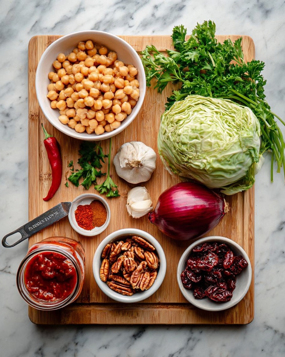 The image shows a wooden cutting board placed on a white marbled surface. On the board, there is a white bowl filled with light beige chickpeas in the top center. To the right, a fresh bunch of green parsley and a whole red onion sit side by side. Below the onion and parsley, a small green cabbage head is placed. On the left side of the board, a small red chili lies next to two cloves of garlic. Below them, a small white bowl contains red and brown spices. Next, a metal measuring cup holds pecans, and beside it is another small white bowl filled with dark red dried tomatoes. At the bottom left corner, a glass jar with red sauce is partly visible. The composition is clean, colorful, and organized, with all items carefully spaced. Photo taken with an iphone --ar 4:5 --v 7