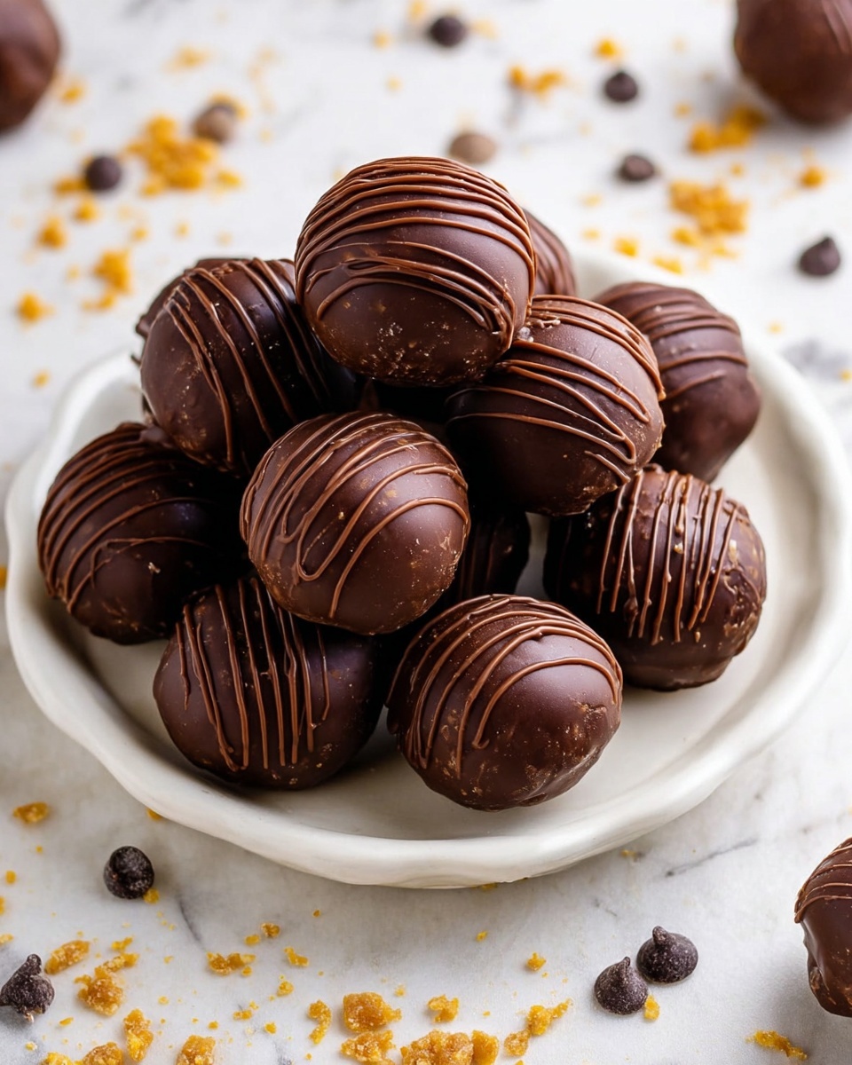 A white plate holds about fifteen round chocolate balls stacked in a small pile. Each ball is dark brown and smooth, covered in shiny chocolate with thin lines of drizzle in a slightly lighter brown color over them. The balls look dense and glossy, showing slight texture where the drizzle is. Around the plate on the white marbled surface are scattered small chocolate chips and golden crumbs, adding some contrast to the scene. Photo taken with an iphone --ar 4:5 --v 7