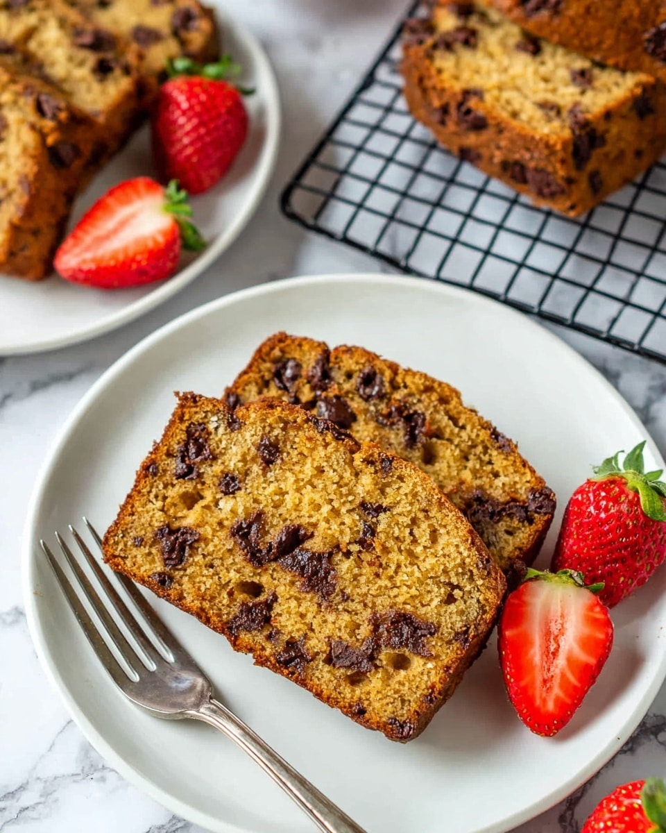 The image shows a white plate with one slice of chocolate chip bread, golden brown with visible dark chocolate chips evenly spread inside. Next to the bread are three whole bright red strawberries and one strawberry cut in half, showcasing the juicy red inside. A silver fork rests on the left side of the plate. In the background, there are two more slices of the chocolate chip bread on a black wire cooling rack over a white marbled surface. photo taken with an iphone --ar 4:5 --v 7