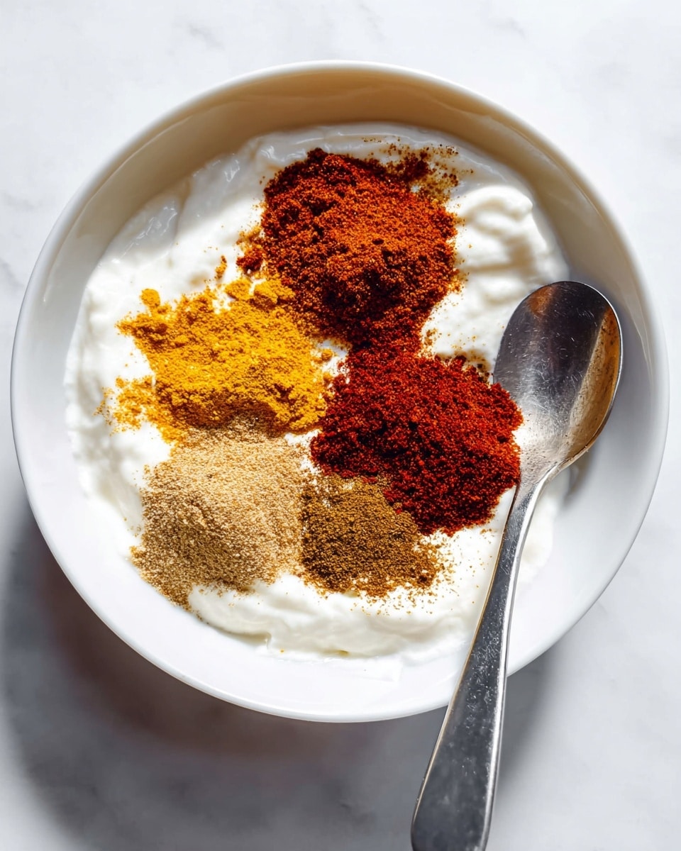 The image shows a white bowl on a white marbled surface, containing a base layer of thick white yogurt spread flat. On top of the yogurt are six piles of colorful spices of different textures and shades: a bright yellow turmeric powder, a deep red chili powder, a light brown ground coriander, a darker brown cumin powder, and two other similar brown spices, all placed separately near the center. A silver spoon rests on the side of the bowl, touching the yogurt near the spices. The lighting is bright and natural, highlighting the vivid colors and fine texture of each spice photo taken with an iphone --ar 4:5 --v 7