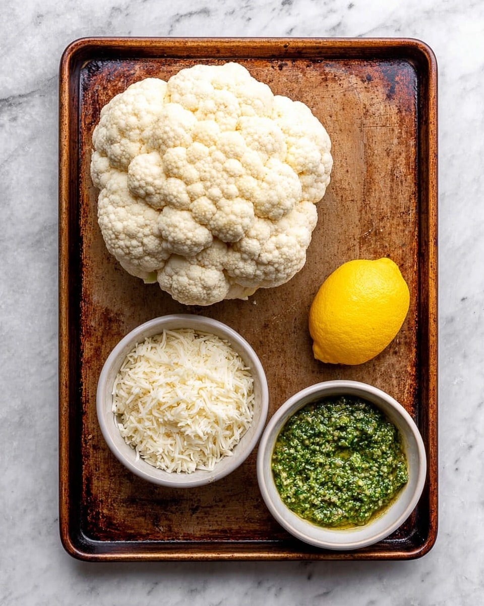 The image shows a baking tray with a large whole white cauliflower placed on the left side and a bright yellow lemon on the right side. At the bottom of the tray, there are two white bowls; the left bowl is filled with shredded white cheese that looks soft and fluffy, while the right bowl contains a green, thick pesto sauce with a coarse texture. The baking tray has a worn and rusty look, and it is set on a white marbled surface. photo taken with an iphone --ar 4:5 --v 7