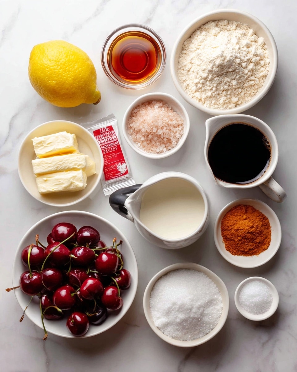 The image shows a white marbled surface with 13 ingredients neatly arranged in small white bowls and containers, each labeled with text. Starting from the top left, there is a whole yellow lemon, next to a white bowl with light beige almond flour. On the top right, a white bowl contains a white 1:1 gluten-free baking flour, beside a small white bowl with dark amber vanilla and almond extract. Below, a white cup with a black handle holds organic cane sugar, and next to it, a white cup has organic soy milk with a light beige color. Near the bottom left, clear glass bowls show vegan butter in pale yellow, pink salt, and extra sugar, all in white bowls. A small white bowl contains a bit of bright orange ground turmeric. To the left, a white cup is filled with dark red cherries with stems, and close by is a small bowl with white tapioca flour. In the bottom left corner, a red and white package of silken soft tofu sits near a small glass of light brown amaretto. The whole setup is clean and orderly, placed on a white marbled surface. photo taken with an iphone --ar 4:5 --v 7