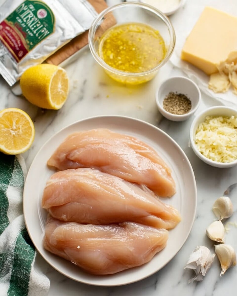 The image shows four raw chicken fillets arranged flat on a round white plate, placed on a white marbled surface. Around the plate, there are cooking ingredients including half a lemon, a small glass bowl with lemon juice, a measuring cup filled with yellow broth, a block of pale yellow cheese, a few cloves of garlic, and a small bowl with minced garlic. A packet of Italian seasoning lies partially visible in the background, along with a green and white cloth. A woman's hand holds the lemon half over the bowl of lemon juice. The scene is bright and clean, with soft natural light. photo taken with an iphone --ar 4:5 --v 7