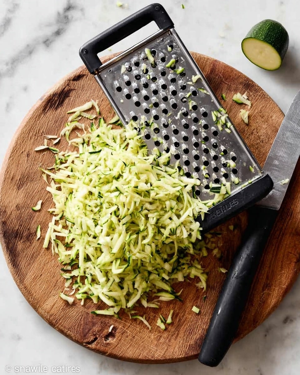 A round wooden cutting board sits on a white marbled surface. On the board, there is a pile of thin, light green shredded zucchini. A large silver grater with a black handle rests partially on the shredded zucchini, with some pieces stuck on the grater holes. Near the top of the board, a small round piece of zucchini with dark green skin and pale green inside is placed. To the right of the board, a black-handled knife lies on the white marbled surface. photo taken with an iphone --ar 4:5 --v 7
