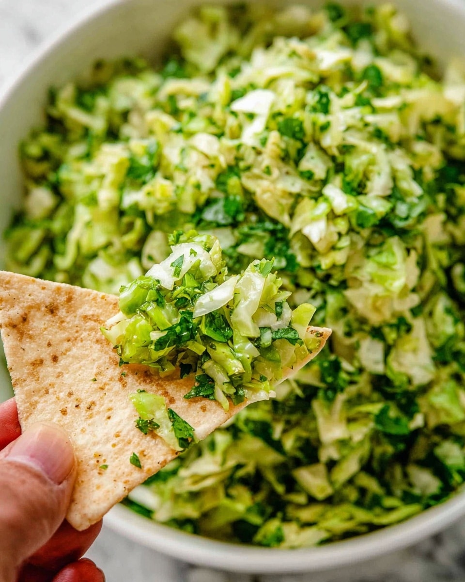 A close-up of a white bowl filled with finely chopped green cabbage mixed with small pieces of green herbs and vegetables. In the front, a woman's hand is holding a white triangular chip with a portion of the cabbage mixture on top, showing the fresh, crisp texture of the cabbage and the green herbs blending well with the light beige chip. The background has a white marbled surface. photo taken with an iphone --ar 4:5 --v 7