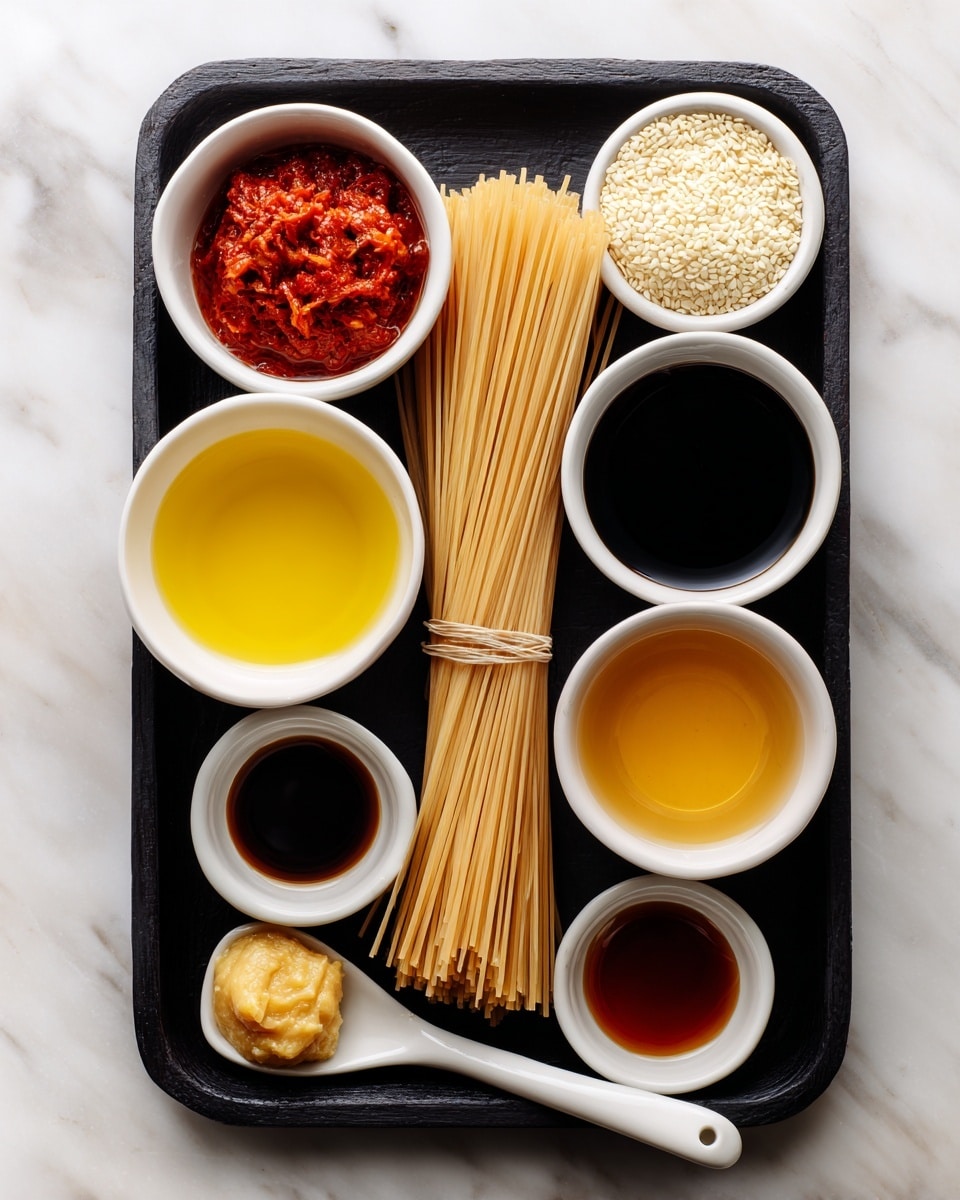 A black metal tray on a white marbled surface holds several small white bowls with different sauces and ingredients, arranged neatly with labels. In the center is a small bundle of uncooked rice noodles tied with a thin string, light beige in color and standing tall. Surrounding the noodles are bowls containing bright yellow oil, dark soy sauce, dark red sriracha sauce, creamy off-white garlic pieces, amber honey, light tan tahini, dark amber sesame oil, and translucent rice vinegar. A small spoon with light yellow ginger paste rests next to the tahini bowl. photo taken with an iphone --ar 4:5 --v 7