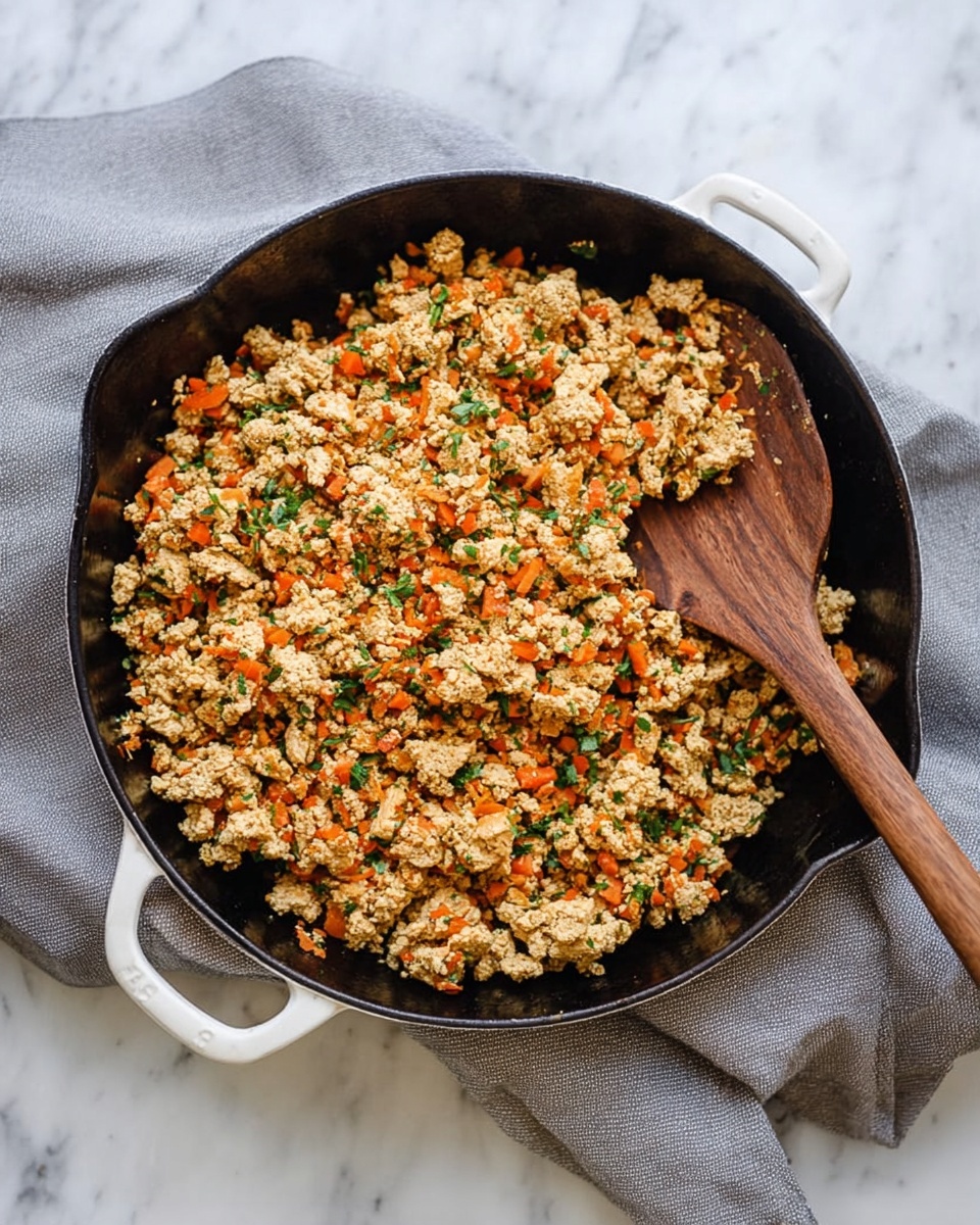 A black cast iron pan with white handles holds a cooked mixture of crumbled light brown tofu and finely chopped orange carrots, with small specks of green herbs visible throughout. A wooden slotted spoon rests inside the pan, partially covered by the tofu mix. The pan is placed on a soft gray cloth that sits on a white marbled surface. photo taken with an iphone --ar 4:5 --v 7