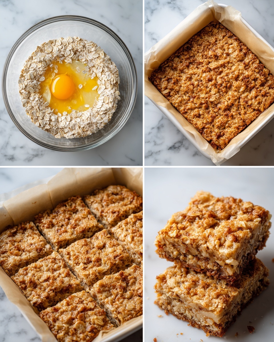 The image shows four stages of making oat bars. The first layer is a clear glass bowl on a white marbled surface holding a mix of light beige rolled oats, white and yellow creamy ingredients, brown sugar, and a cracked egg with a rich yellow yolk. The second layer is a white parchment-lined pan with a thick, evenly spread oat mixture that is light brown with a slightly rough texture. The third layer shows the same pan placed inside an oven with the oat mixture looking smoother and more combined but still light brown. The fourth layer displays the baked oat bars, cut into square pieces with a golden-brown crumbly top, inside the same parchment-lined pan on the white marbled surface. Photo taken with an iphone --ar 4:5 --v 7