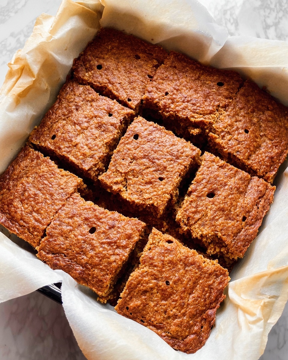 The image shows a rectangular baked dish lined with white parchment paper. Inside, there are six square pieces of a brown baked dessert with a slightly rough surface and small air holes. The dessert has a dense and textured look with some uneven edges and a golden-brown color. The parchment paper edges are folded up around the dish, and the dish itself is on a white marbled surface. photo taken with an iphone --ar 4:5 --v 7