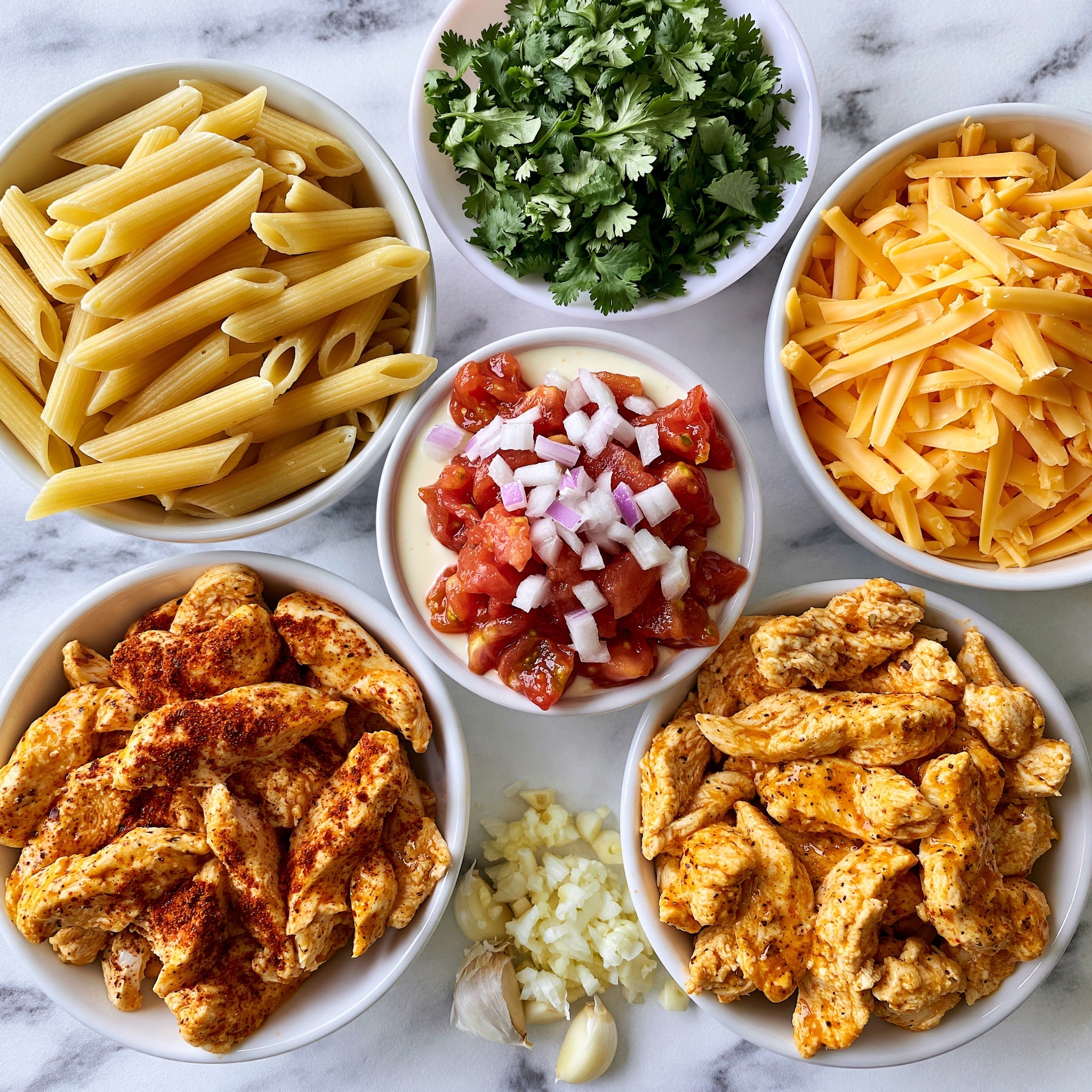 A white bowl with blue flower patterns is filled with penne pasta mixed with chunks of meat inside a creamy orange sauce with small pieces of tomato and onion. The pasta and meat are evenly coated with the sauce, sprinkled with tiny green herb bits for garnish. A fork rests inside the bowl on the left side. The bowl is placed on a dark blue textured cloth over a white marbled surface. photo taken with an iphone --ar 4:5 --v 7