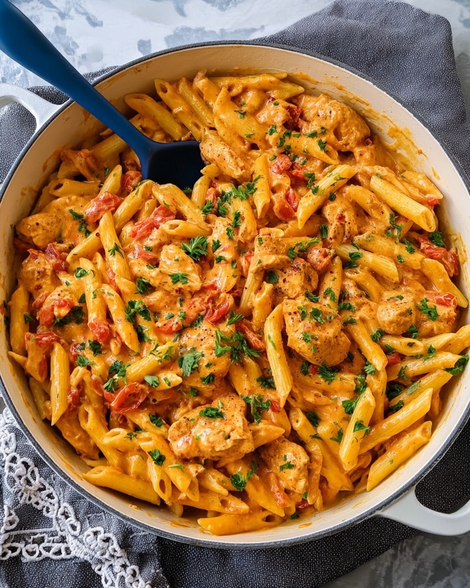A close-up of a white bowl with blue floral patterns filled with penne pasta coated in creamy orange sauce mixed with pieces of tender meat and small tomato chunks. The sauce looks smooth with small green herb leaves sprinkled on top. A silver fork rests inside the bowl on the left side. The bowl sits on a gray cloth over a white marbled surface. photo taken with an iphone --ar 4:5 --v 7