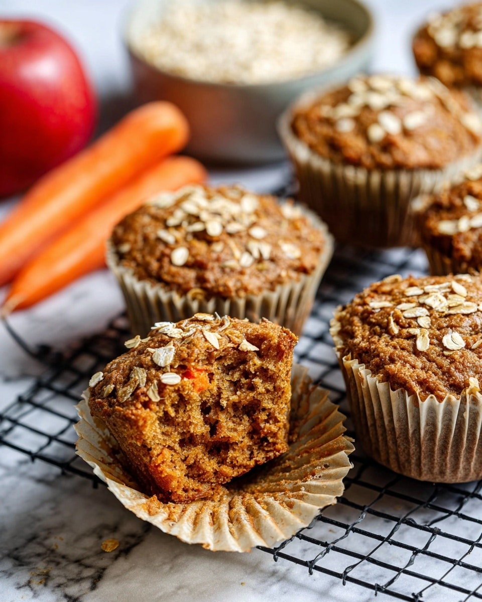 The image shows several brown muffins with oats sprinkled on top, arranged on a black cooling rack over a white marbled surface. One muffin in the front is open, revealing its moist, crumbly texture inside. The muffin paper liners are pale beige and crinkled, sitting neatly around each muffin. In the background, two whole orange carrots and a red apple add bright, natural colors to the scene. A bowl filled with oats is partially visible on the side, giving a rustic feel to the setting. The photo taken with an iphone --ar 4:5 --v 7