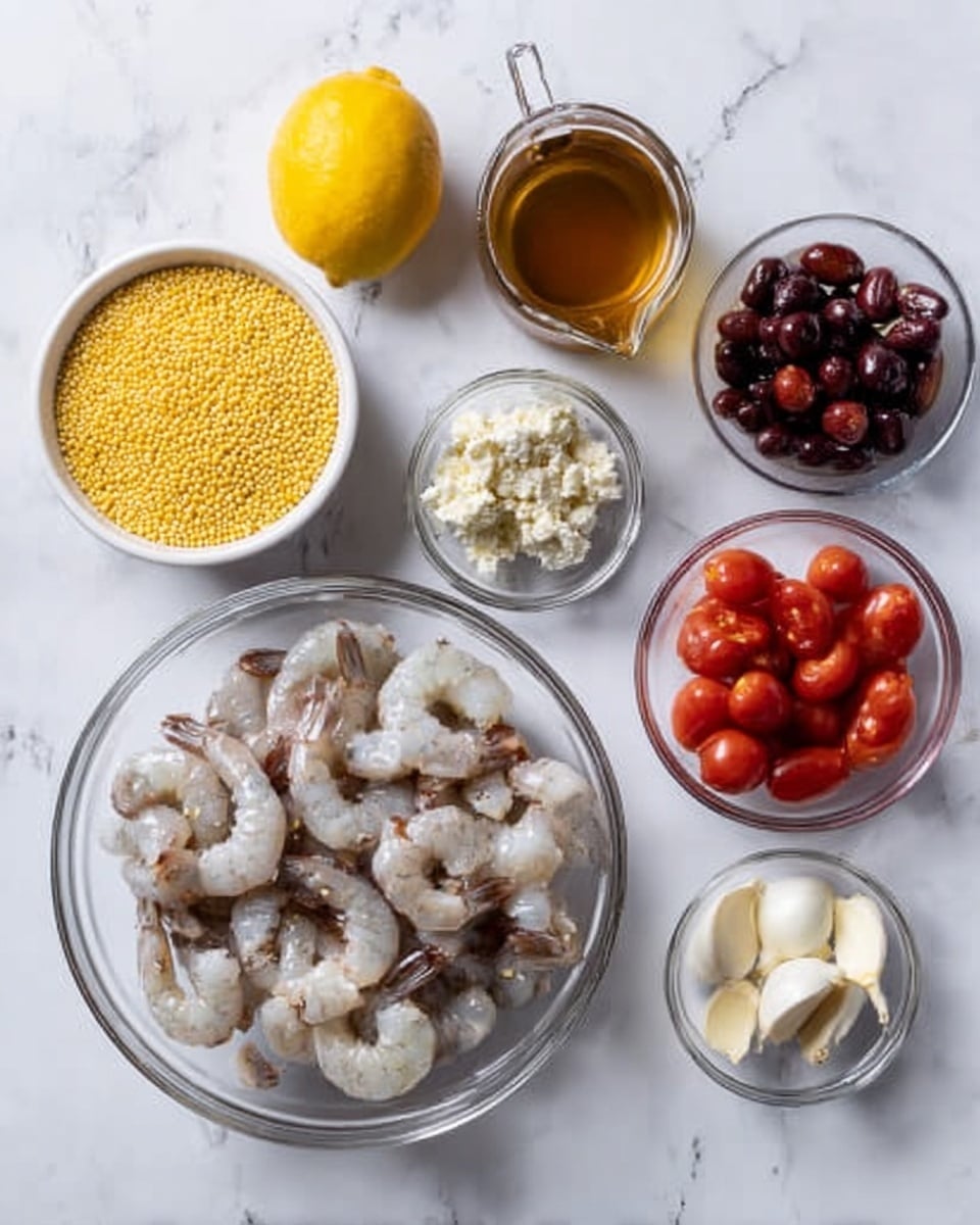 The image shows several clear glass bowls and one white bowl arranged on a white marbled surface. In the center is a large clear bowl with raw shrimp, pale grey with white visible. To the left, a white bowl filled with small yellow millet grains, and near it, a small clear bowl of white crumbly cheese. Above it is a small clear bowl holding green capers. To the upper left, there is a whole yellow lemon and next to it a small pitcher with light brown broth. On the right side, there is a small clear bowl with dark purple olives, three white garlic cloves, a small clear bowl with golden olive oil, and a small bowl filled with bright red cherry tomatoes. Salt and pepper are in a small clear bowl at the top right. The setup looks neat and organized. Photo taken with an iphone --ar 4:5 --v 7