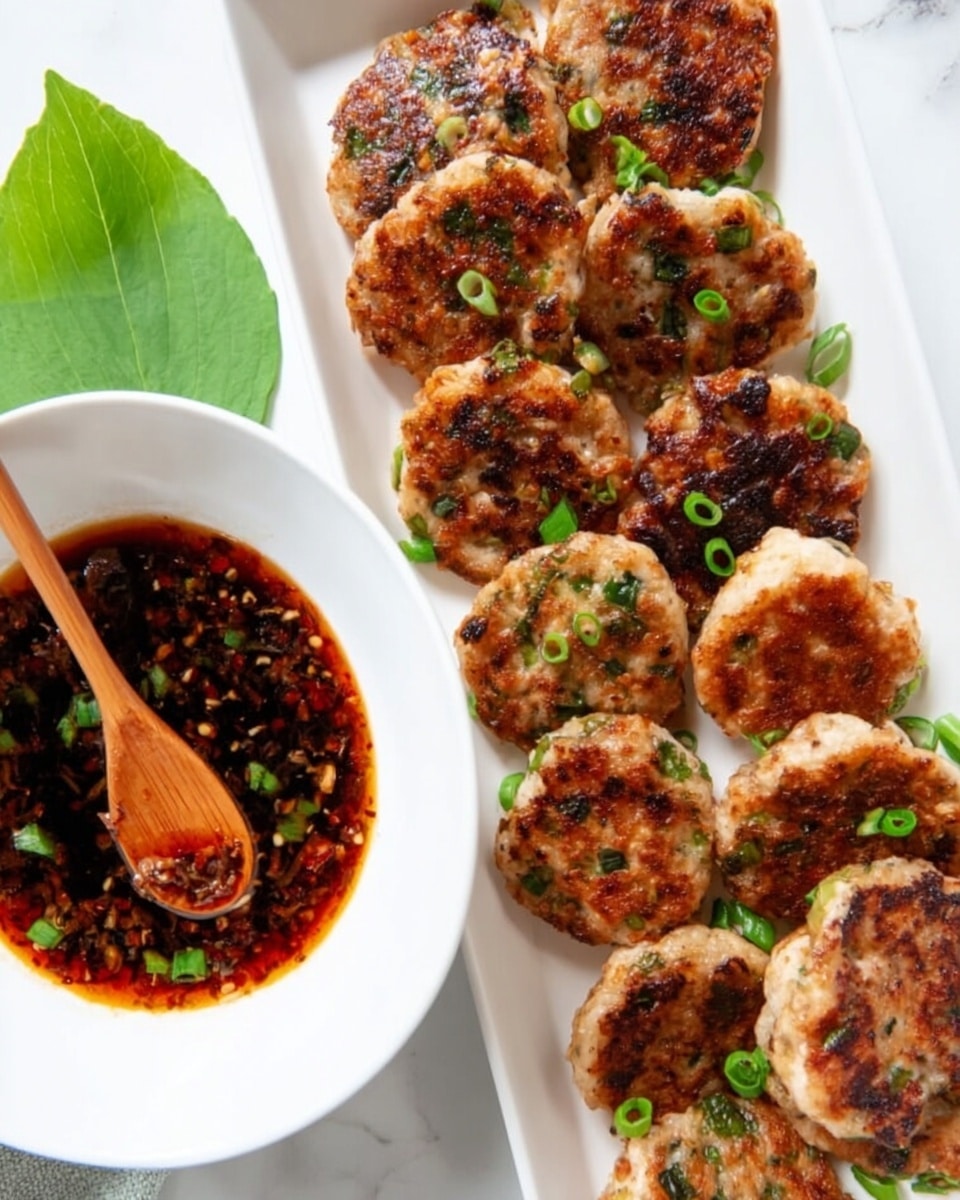 A pile of small flat, round dumplings with browned, crispy surfaces sits on a white plate. Each dumpling has a light golden color with spots of darker brown where they are cooked. They are garnished with small pieces of green onions scattered on top. Above the pile, a woman's hand holds a wooden spoon that is dripping a reddish-brown sauce onto the dumpling on top. Behind the plate, a white bowl filled with the same reddish-brown sauce is visible. The background is a white marbled surface. photo taken with an iphone --ar 4:5 --v 7