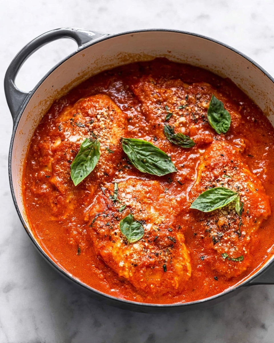 The image shows four steps in cooking a dish. The first is a close-up of a food processor filled with a thick, bright red sauce with a slightly chunky texture in a clear bowl on a white marbled surface. The second shows a white pot with a smooth orange sauce being stirred by a black spatula, the sauce has a creamy texture and layers of some oil around the edges. The third is a white plate with three pieces of cooked seasoned chicken with a light brown, slightly crispy surface and visible black pepper seasoning on a white marbled surface. The fourth shows the same white pot from step two with the orange sauce now with three chicken pieces cooking in it, the chicken is partially covered in the sauce with herbs sprinkled on top. photo taken with an iphone --ar 4:5 --v 7