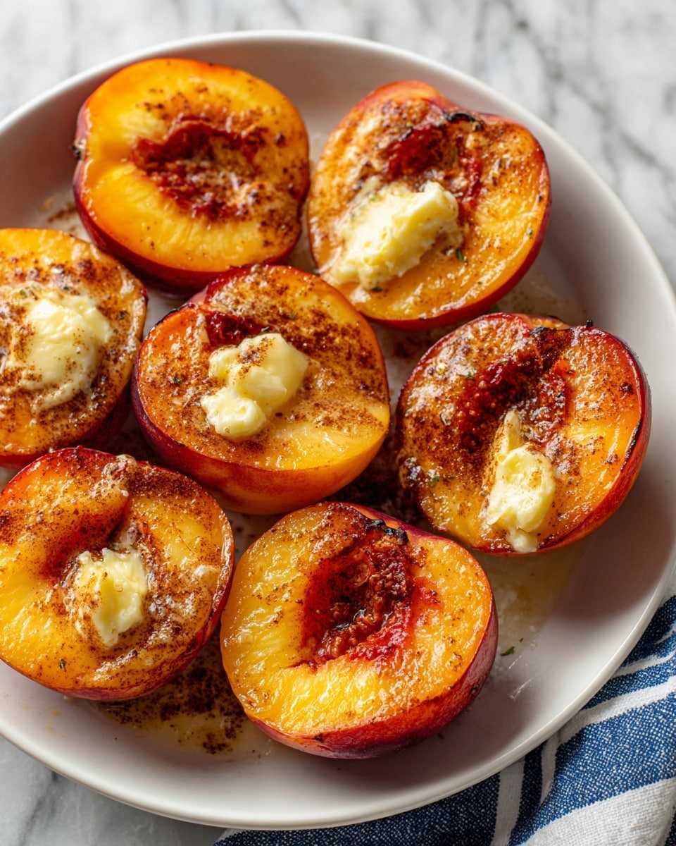 The image shows a white rectangular dish filled with six peach halves arranged in two uneven rows. Each golden-orange peach half has a rich reddish center cavity filled with melting pale yellow butter. The tops of the peaches are sprinkled with a brown spice, likely cinnamon, which is also scattered lightly around the dish. The peaches appear roasted, with slight caramelization visible on the edges and around the butter. The dish sits on a white marbled surface with a part of a black and white striped cloth visible on the right side. photo taken with an iphone --ar 4:5 --v 7