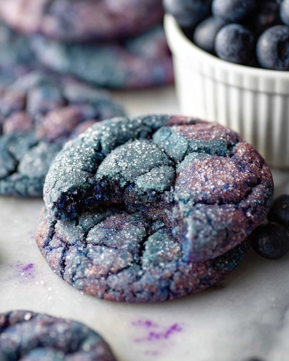 A close-up view of a single cracked cookie with a bite taken out of its edge, showing a mix of blue and purple swirl colors on the textured surface covered lightly with sugar crystals. The cookie lies on a white marbled surface with faint purple stains around it. In the blurred background, there is a white bowl filled with fresh blueberries and other similar cookies partially visible, showing similar blue-purple hues and rough, cracked textures. photo taken with an iphone --ar 4:5 --v 7