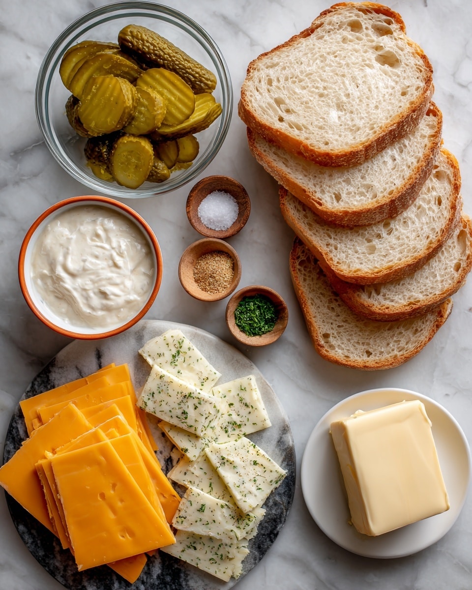 The image shows ingredients laid out on a white marbled surface. At the top right, three slices of sourdough bread with a light brown crust and soft white interior are stacked slightly askew. To the left, a small clear bowl holds several thick, round, ridged slices of green dill pickles. Below the bread, a small white bowl with an orange rim contains creamy white ranch dressing. A round black marble board is placed bottom left, with bright orange square slices of cheddar cheese overlapping, and beside them, pale yellow slices of herb-speckled cheese arranged neatly. Scattered around are small wooden bowls with different spices: coarse white kosher salt, tan garlic powder, white onion powder, and green dried parsley. A small white plate at bottom right holds a thick cube of pale yellow butter, and next to the ranch is a clear bowl with soft white cream cheese. Everything is arranged with clear spacing, showing the textures and colors well, photo taken with an iphone --ar 4:5 --v 7