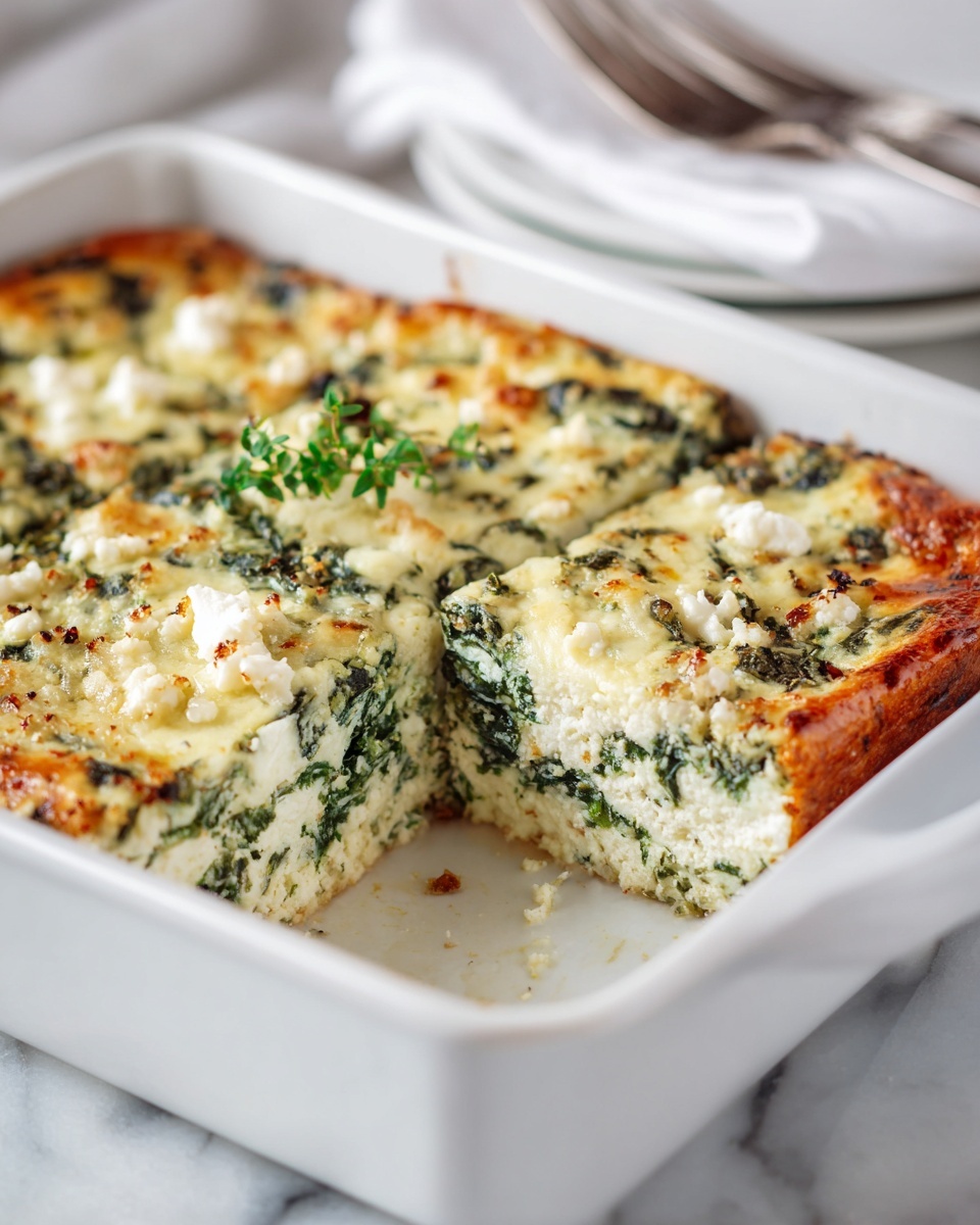 A white baking dish filled with three visible layers of cooked spinach and creamy mixture, topped with small white cheese chunks and sprinkled with fresh green herb leaves scattered across the surface. The dish sits on a light wooden board over a white marbled table. To the left, three silver forks are placed together with a few small green herb sprigs nearby, and to the right, a white cloth with red patterns rests next to the dish. The overall look is fresh and inviting, with a warm baked texture on the top layer. Photo taken with an iphone --ar 4:5 --v 7