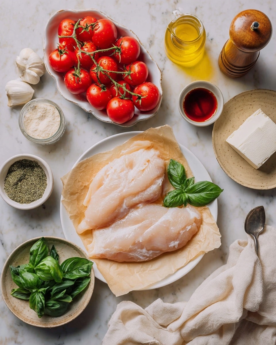 A white plate with two layers of thin, pale raw chicken fillets placed on light brown parchment paper sits near the center. Above the plate, a white oval dish holds a cluster of bright red tomatoes on the vine with a fresh green basil leaf next to them. Around the plate, small bowls and containers hold various ingredients: a small white bowl with a round block of white cheese on the right, a small white bowl with light beige powder near the bottom, a beige small plate with whole garlic bulbs beside it, a small greenish bowl filled with fresh green basil leaves on the bottom left, a small clear jar with green dried herbs and a metal spoon on the upper left, a small white cup with dark red liquid, a small yellow jar with light yellow condiment and a silver spoon, a glass bottle with yellow oil, and a wooden pepper grinder. The whole setting is on a white marbled surface with a crumpled light cream cloth near the bottom right. Photo taken with an iphone --ar 4:5 --v 7