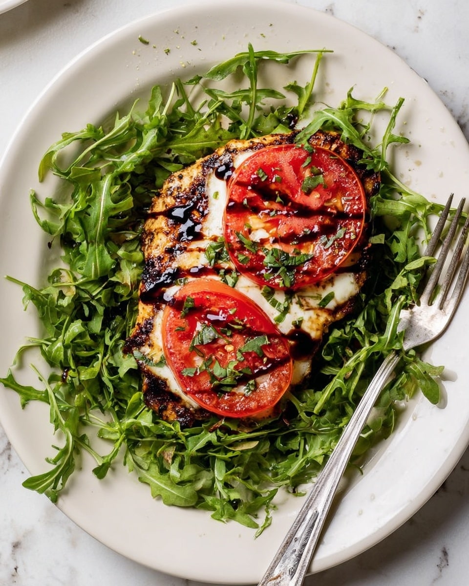 A white plate on a white marbled surface holds a salad with three main layers: the bottom layer is fresh green arugula spread over the plate, the middle layer is a grilled seasoned piece of meat with a slightly charred, golden-brown texture, and the top layer has two thick slices of red tomato and creamy white melted cheese, drizzled with dark balsamic glaze and sprinkled with chopped green herbs. A silver fork rests on the right side of the plate among the arugula leaves. photo taken with an iphone --ar 4:5 --v 7