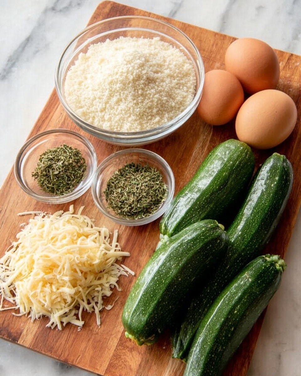 The image shows a wooden board on a white marbled surface with ingredients neatly arranged. On the left side, there is a clear glass bowl full of white breadcrumbs, next to a small clear glass bowl with green dried herbs. In front of the bowls, there is a small pile of light yellow shredded cheese. To the right of these ingredients, there are two brown eggs placed side by side. On the far right, there are three whole dark green zucchinis arranged horizontally, one on top of the other slightly angled. Photo taken with an iphone --ar 4:5 --v 7