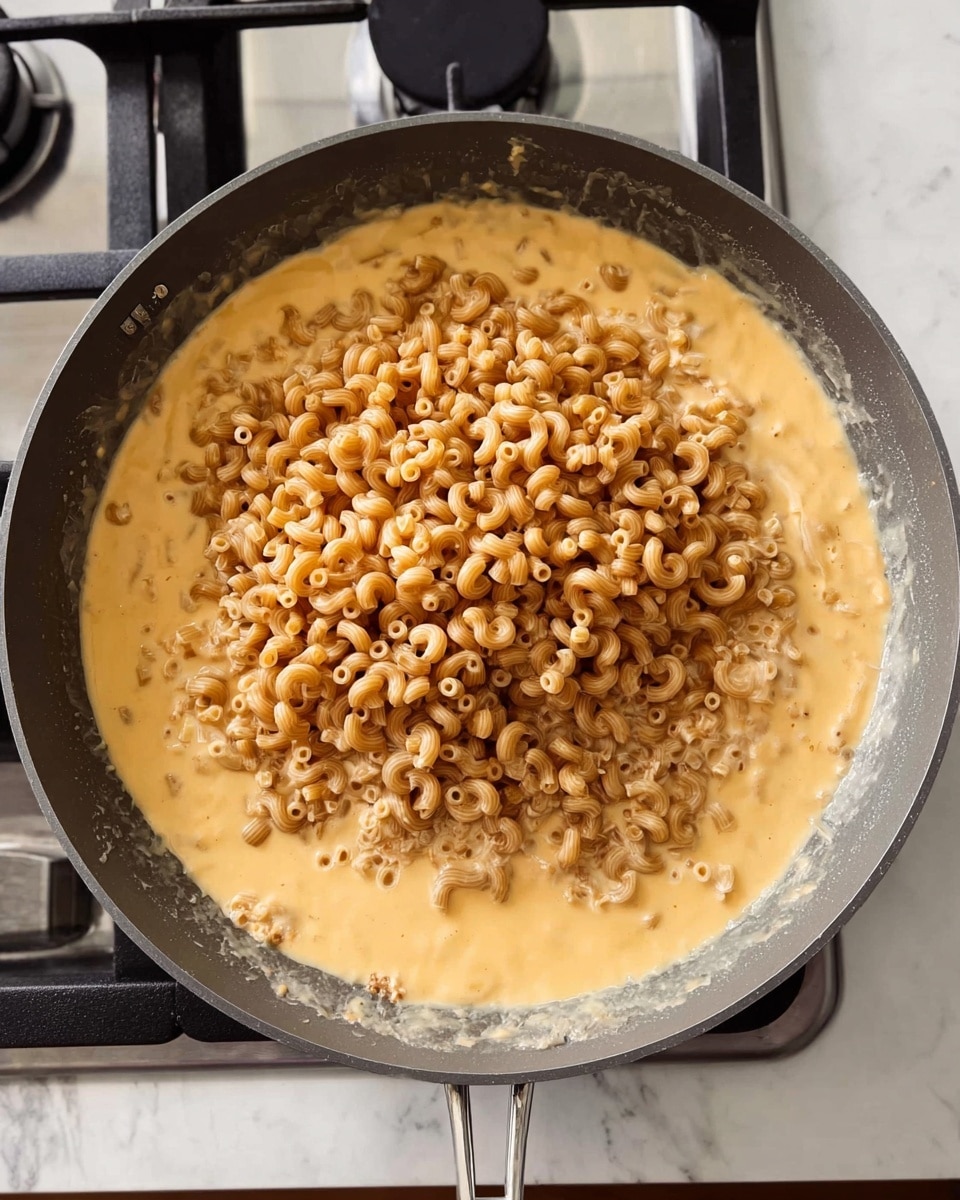 The image shows a dark gray pan on a stove burner, filled with a creamy, light yellow sauce at the bottom, with a large layer of cooked elbow macaroni placed on top in the center. The macaroni is light brown and slightly shiny, contrasting with the smooth, thick sauce around it. The stove and the surrounding counter have a white marbled texture. The photo is taken from above, highlighting the layers of sauce under the macaroni in the pan. photo taken with an iphone --ar 4:5 --v 7
