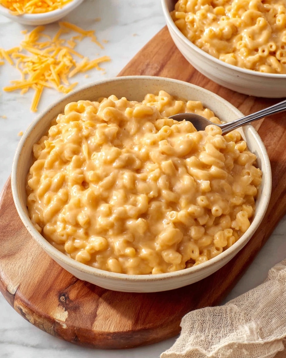 A close-up of a creamy macaroni and cheese dish in a round white bowl with a smooth, light orange cheesy sauce coating small elbow pasta. The bowl sits on a wooden board, which lies on a beige cloth with a few shredded yellow cheese pieces scattered nearby and a white marbled surface beneath. A silver spoon is partially immersed in the macaroni, positioned on the right side of the bowl. Another white bowl of the same macaroni and cheese is visible in the background on the right. Photo taken with an iphone --ar 4:5 --v 7
