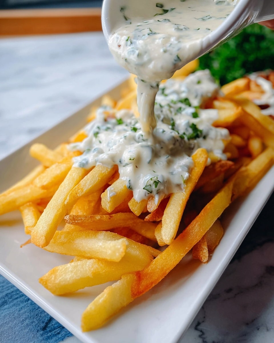 A white rectangular plate holds a single thick layer of golden yellow fries, some with light brown edges, spread evenly across the plate. A woman's hand is pouring a thick, creamy white sauce with small green herb pieces over the fries, creating a rich textured layer on top. The background is a white marbled surface with some blurred greenery in the distance, and the scene is brightly lit to show color and detail. photo taken with an iphone --ar 4:5 --v 7
