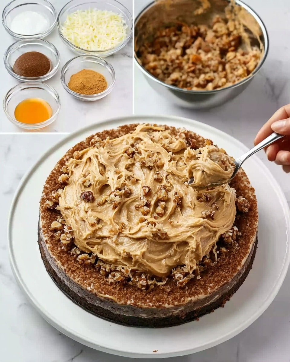 The dish shows a round cake with three visible layers. The bottom layer is dark brown and appears crumbly, like crushed cookies pressed together. The middle layer is smooth and lighter brown, resembling chocolate or caramel filling. On top, there is a thick, creamy mixture with light brown and beige tones, with small chunks spread evenly, being spread by a woman's hand holding a spoon. The cake is placed on a white plate with a thin rim, sitting on a white marbled surface. Above the cake, there are two smaller images; one shows seven clear bowls with various ingredients, including white sugar, butter, cereal, a bright orange liquid, brown sugar, vanilla extract, and chopped nuts on a white marbled background, while the other shows a metallic bowl containing a mixed, sticky, light brown dough. Photo taken with an iphone --ar 4:5 --v 7