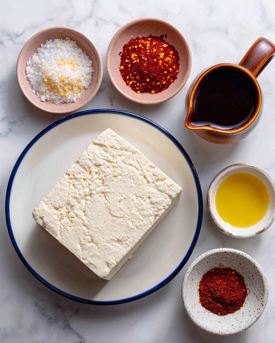 A piece of off-white super firm tofu sits in the center of a white plate with a blue rim, placed on a white marbled surface. Around the plate are small dishes holding different ingredients: two small pink bowls, one with white salt crystals and the other with red chili powder; a small white bowl with light yellow canola oil; a dark brown measuring cup filled with thick sweet BBQ sauce; and a tiny white speckled bowl containing more chili powder. Each ingredient is neatly arranged, creating a tidy and colorful layout. photo taken with an iphone --ar 4:5 --v 7