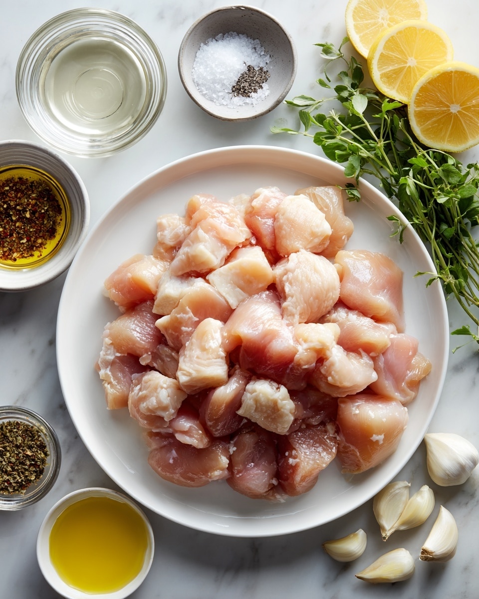 A white round plate is centered on a white marbled surface, filled with raw chicken pieces that are pale pink and slightly uneven in size. Surrounding the plate are small containers and ingredients: at the top left, a small silver bowl with clear white wine vinegar, below it a small silver bowl of salt with white grains, and below that a silver bowl with black pepper. At the bottom left, there is a small white cup with yellow lemon juice. To the right of the plate, a small glass jar contains green and brown Greek seasoning, and below it a small glass bowl holds golden olive oil. On the upper right side are peeled white garlic cloves and a sprig of fresh green herbs, while two lemon wedges rest above the plate. photo taken with an iphone --ar 4:5 --v 7
