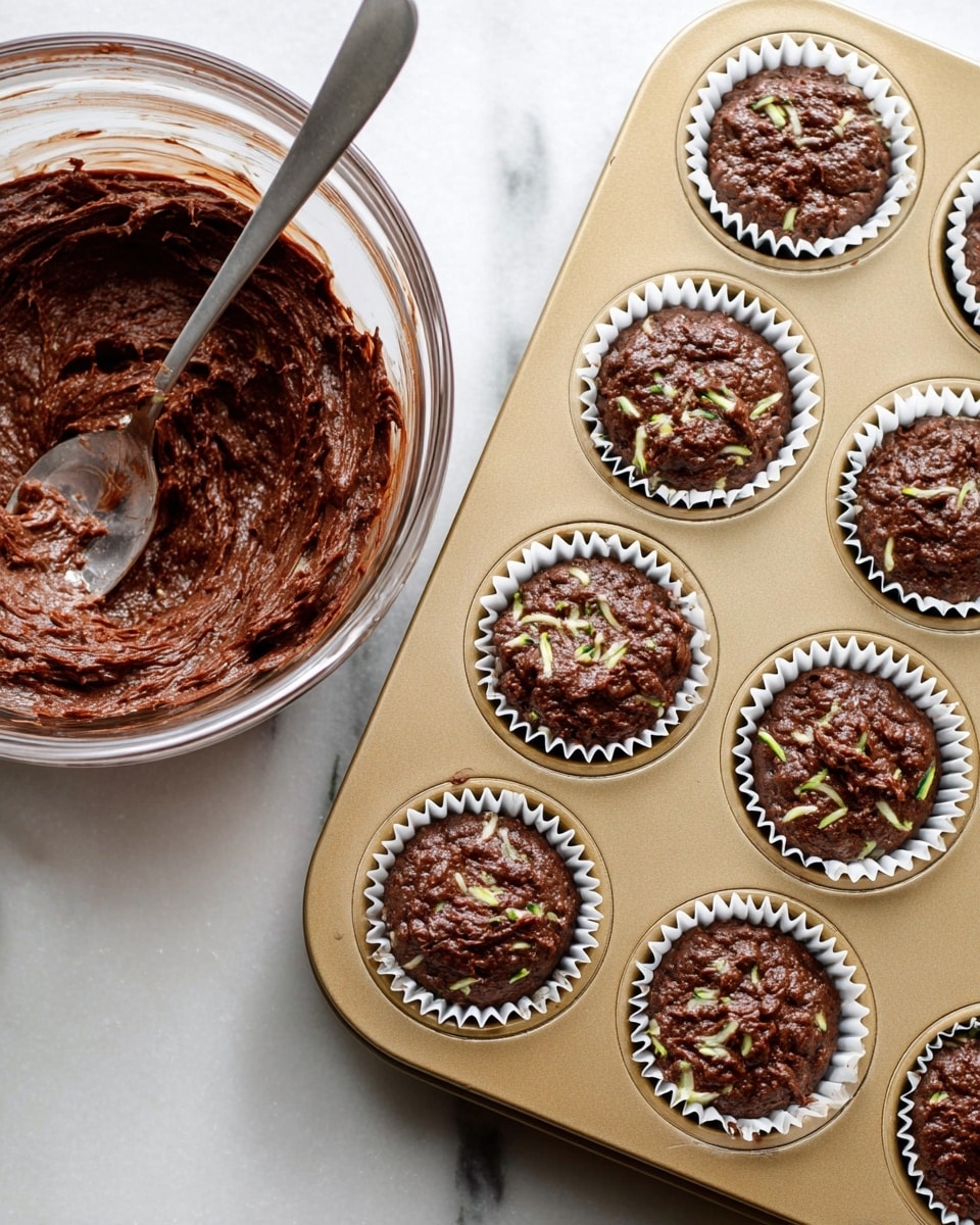 A close-up view of a light gold muffin tray filled with dark brown chocolate muffin batter that has visible light green shreds of zucchini in white paper liners; next to the tray on the left side is a clear glass bowl filled with the same batter, with a silver spoon resting inside; the background is a white marbled surface photo taken with an iphone --ar 4:5 --v 7