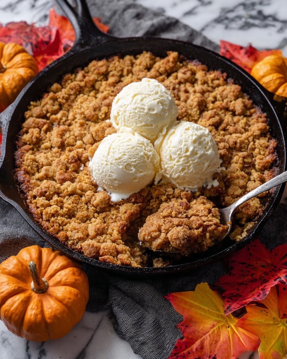 A black cast iron skillet filled with a deep golden brown, crumbly dessert layer covering the whole surface, with three large scoops of white vanilla ice cream placed close together in the center. A spoon is scooping out some of the dessert from the bottom right side, showing a slightly moist, soft texture beneath the crumble. Around the skillet, there are small orange pumpkins and brightly colored autumn leaves in red, yellow, and orange, all placed on a white marbled surface with a gray cloth underneath the skillet. photo taken with an iphone --ar 4:5 --v 7