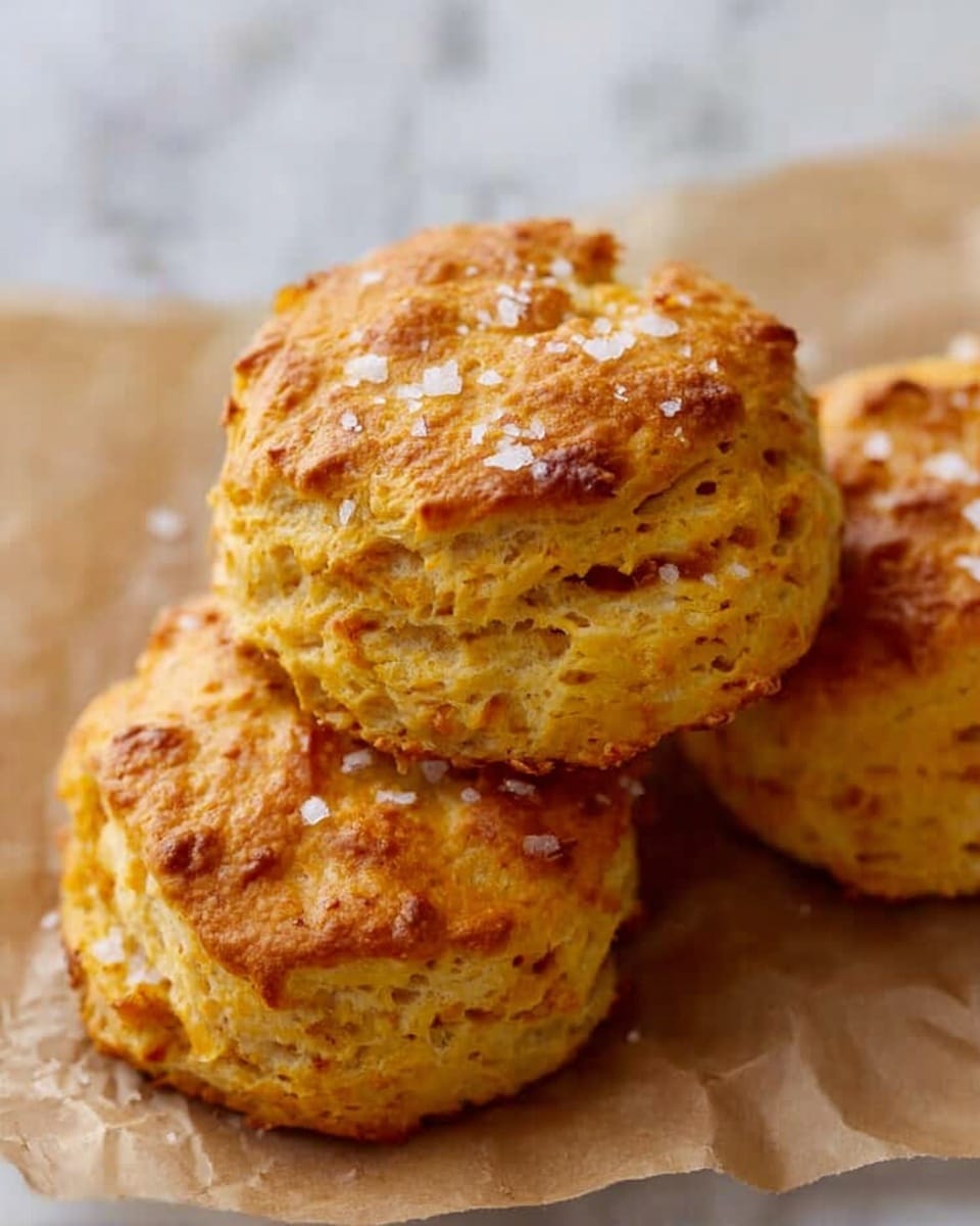 The image shows three golden-brown biscuits stacked on slightly crumpled light brown parchment paper, placed on a white marbled surface. Each biscuit has a rough, flaky texture with a slightly uneven surface and bits of flaky salt sprinkled on top. The biscuits have a warm, orange-yellow color with darker, toasted spots, giving them a freshly baked look. The biscuit on top leans slightly forward, revealing the soft layers inside. Photo taken with an iphone --ar 4:5 --v 7