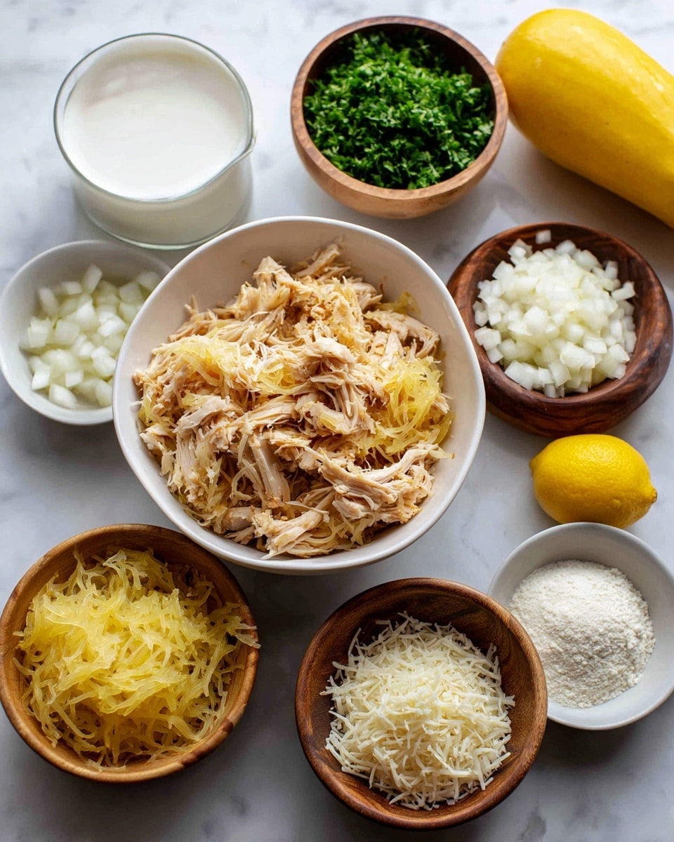The image shows a group of white bowls and a whole yellow spaghetti squash on a white marbled surface. One large white bowl is filled with shredded chicken, light tan and fibrous in texture. Next to it, a smaller white bowl contains finely chopped shallots in pale purple and white shades. Another white bowl holds small garlic pieces, white and slightly chunky. A wooden bowl holds green chopped parsley with fresh leafy texture, and nearby, a wooden bowl contains shredded white mozzarella cheese. Another wooden bowl is filled with finely grated white parmesan cheese. A small white bowl holds white flour, appearing soft and powdery. Half a lemon, bright yellow with textured surface, is placed next to a glass container partially filled with milk, which is white and smooth. photo taken with an iphone --ar 4:5 --v 7