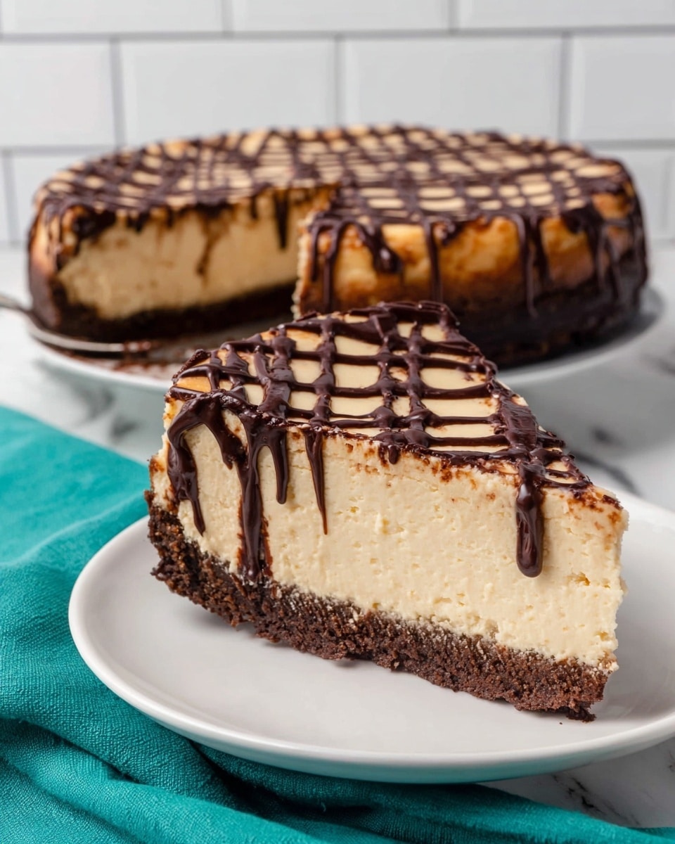 A slice of cheesecake is lifted above a whole cheesecake on a white plate, showing two clear layers: a thick, smooth, light tan cream cheese layer on top and a dense, dark brown chocolate crust at the bottom. The top of the cheesecake is decorated with a crisscross pattern of dark chocolate drizzle that covers the entire surface and edges, with some chocolate dripping down the sides. The background is a white marbled surface with white tiles behind, and a teal cloth is partially visible near the plate. Photo taken with an iphone --ar 4:5 --v 7