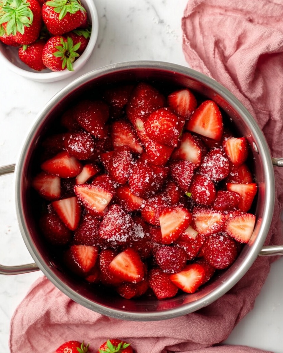 A large silver pot filled with many bright red strawberries, some whole and some sliced in half, showing their juicy inside. The strawberries are sprinkled lightly with white sugar crystals that add a slight sparkle on top. A small white bowl in the top left corner holds a few fresh whole strawberries with green leaves. The pot is placed on a white marbled surface with a soft pink cloth casually draped nearby. The image feels fresh and inviting, with a mix of deep reds and soft whites. photo taken with an iphone --ar 4:5 --v 7