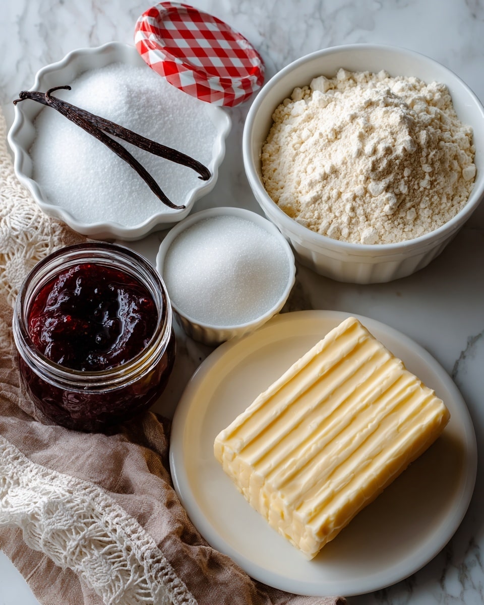 The image shows five ingredients arranged on a white marbled surface: a glass jar of dark red jam with a red and white checkered lid lying on its side; a white scalloped bowl filled with white granulated sugar topped with a dark brown vanilla bean; a small white bowl filled with fine white sugar in the center; a white plate holding a solid block of pale yellow butter with textured markings on the sides; and a white bowl filled with light beige flour resting on a soft brown cloth with white lace trim, slightly folded around the bowl. The overall scene is brightly lit with soft shadows, creating a clean and cozy baking setup photo taken with an iphone --ar 4:5 --v 7
