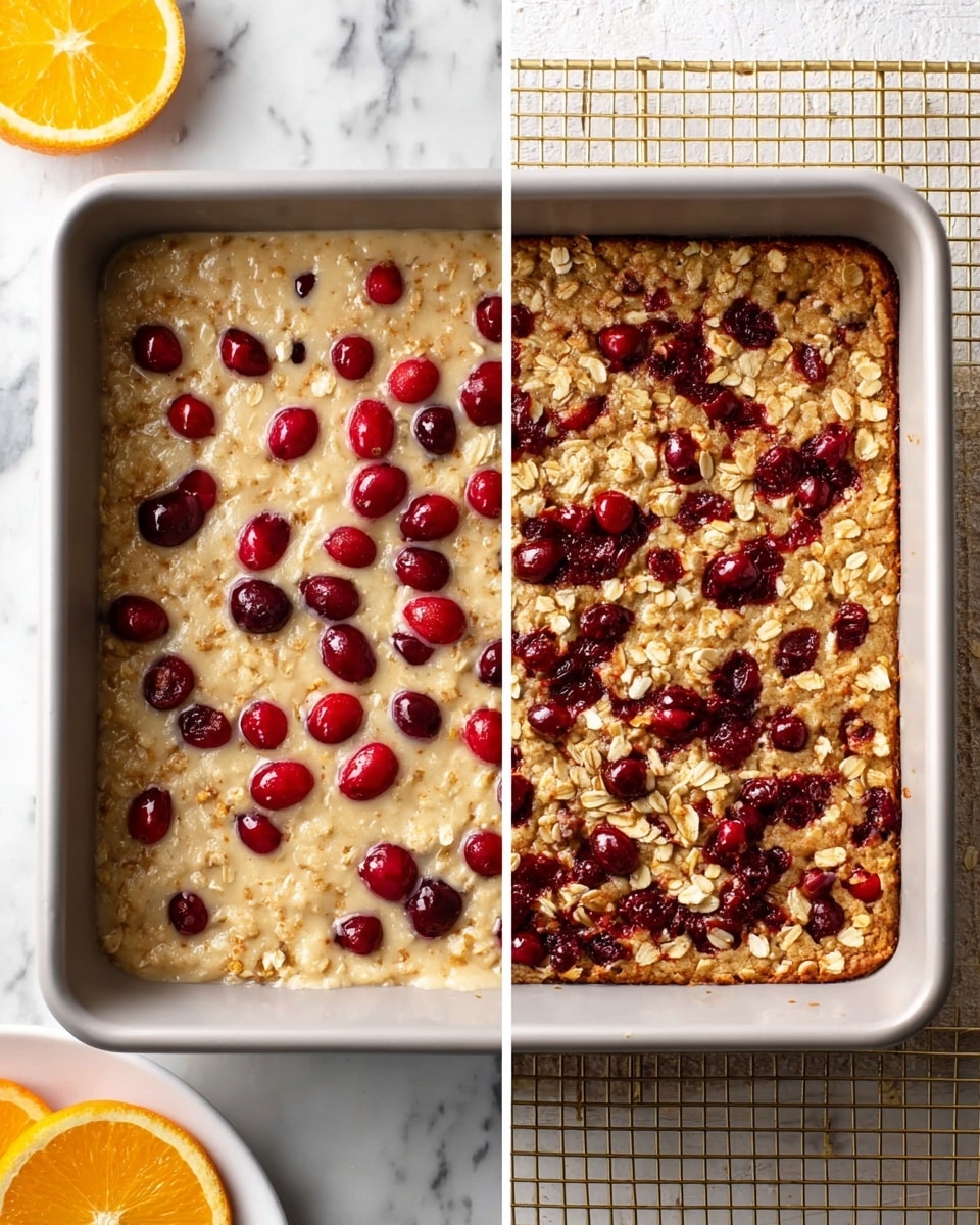 The image shows two side-by-side views of a square baking pan with a light golden batter mixed with oats. The left side shows the uncooked mixture with a creamy beige color topped with scattered fresh bright red cranberries. The right side shows the baked dish where the oats on top appear toasted and golden brown with the cranberries softened and dark red, some slightly bursting. The pan is on a white marbled surface on the left and on a white marbled textured surface with a gold grid pattern on the right. In the left view, a white plate with an orange slice is partly visible at the bottom right corner. photo taken with an iphone --ar 4:5 --v 7