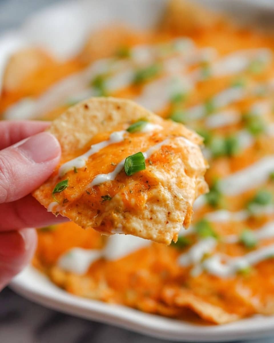 A close-up of a woman's hand holding a white tortilla chip topped with a thick layer of orange melted cheese. In the blurred background, there is a white bowl filled with more melted cheese covered with a white drizzle and some green garnish. The white marbled surface provides a soft, clean look beneath the scene. photo taken with an iphone --ar 4:5 --v 7